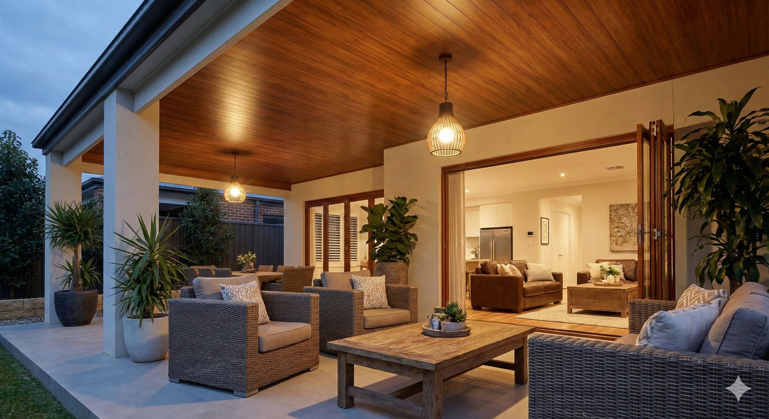 Galería y living integrados con cielorraso simil madera