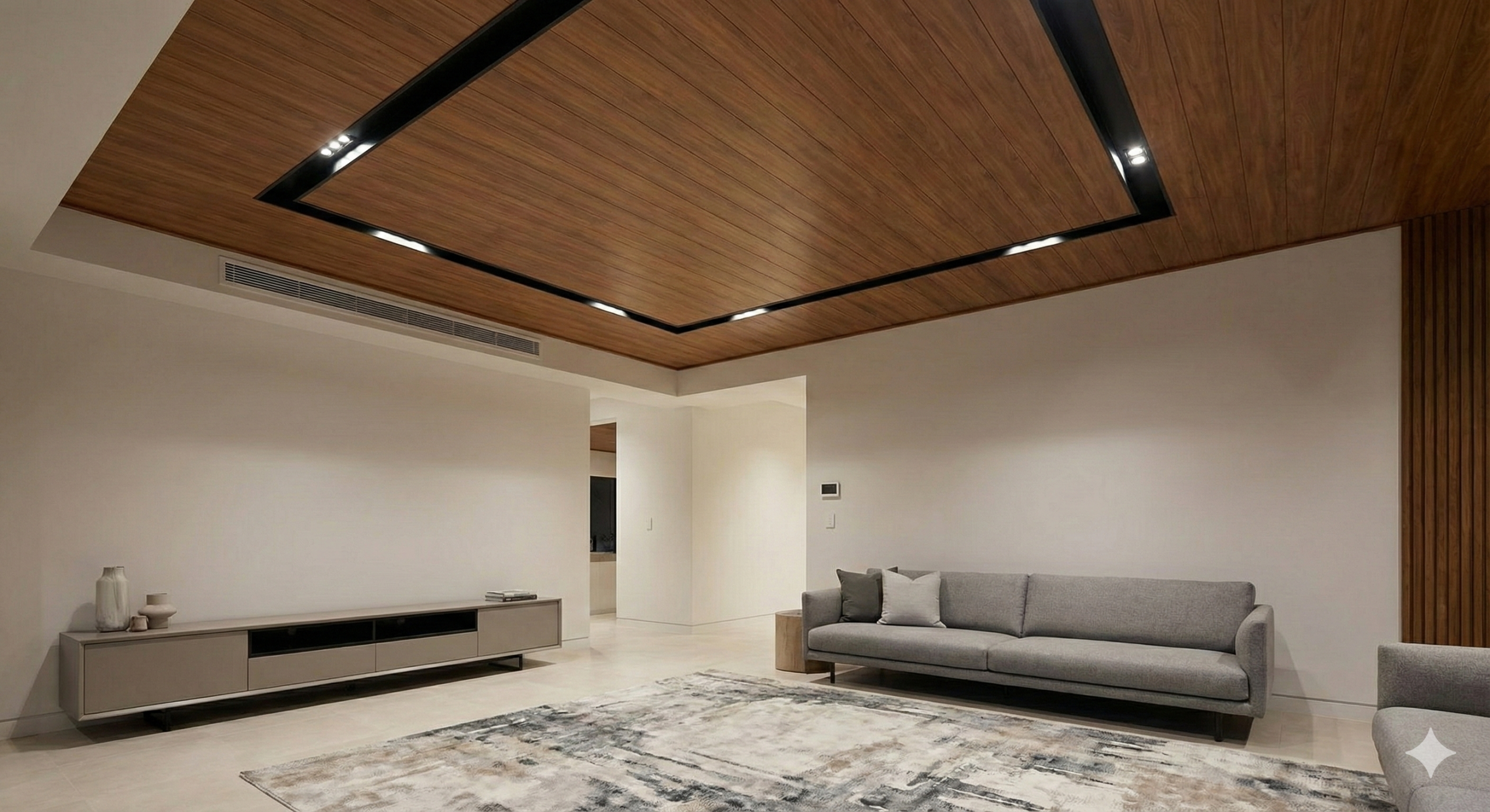 Living moderno con cielorraso madera y luces led